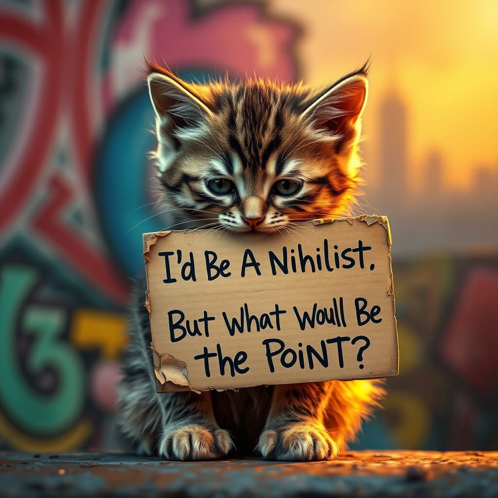 Melancholic Kitten in Existential Despair, Holding Worn Prot...