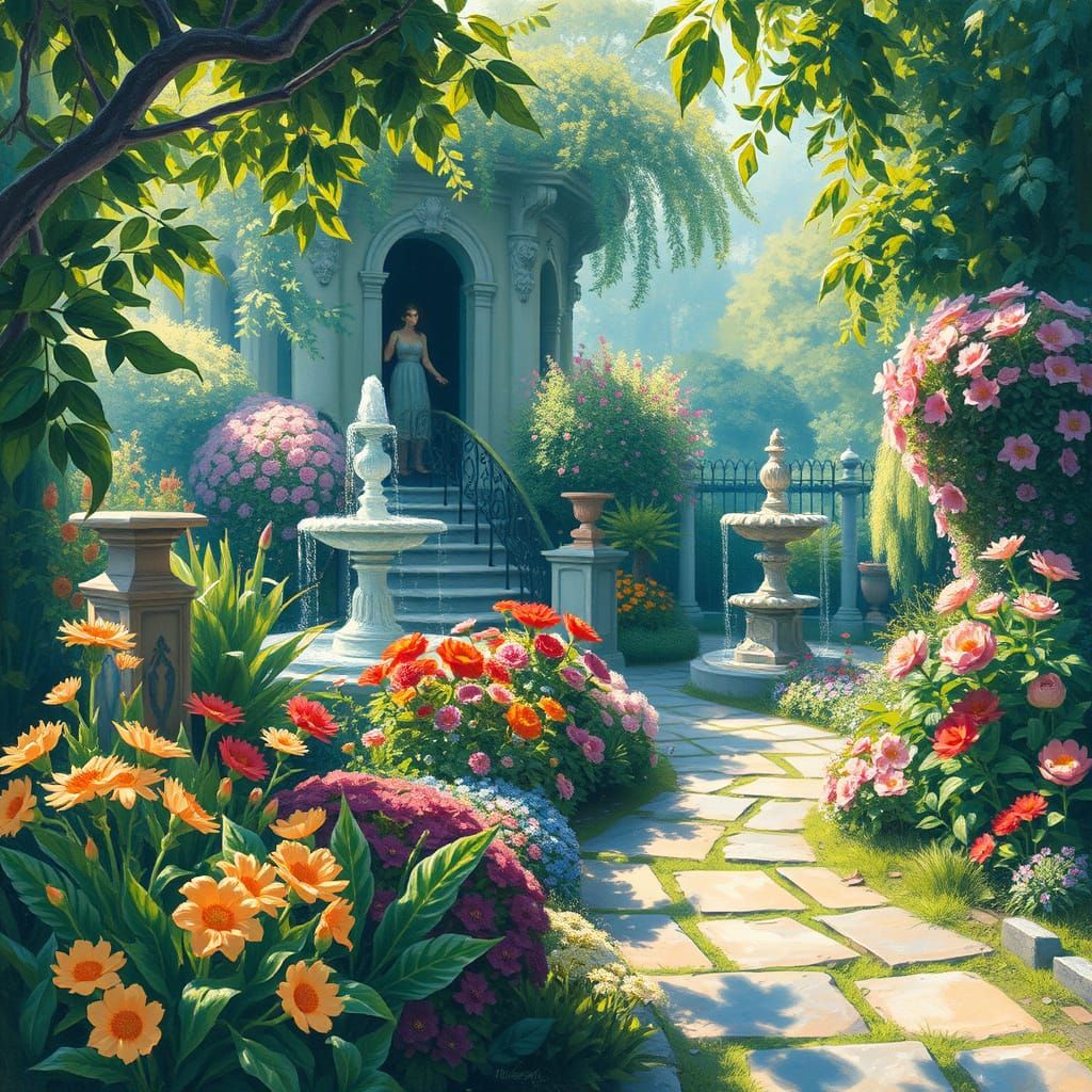 Impressionist Garden Scene with Lush Greenery