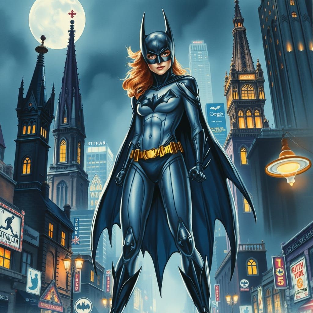 Batgirl in Gotham City: Watercolor Painting