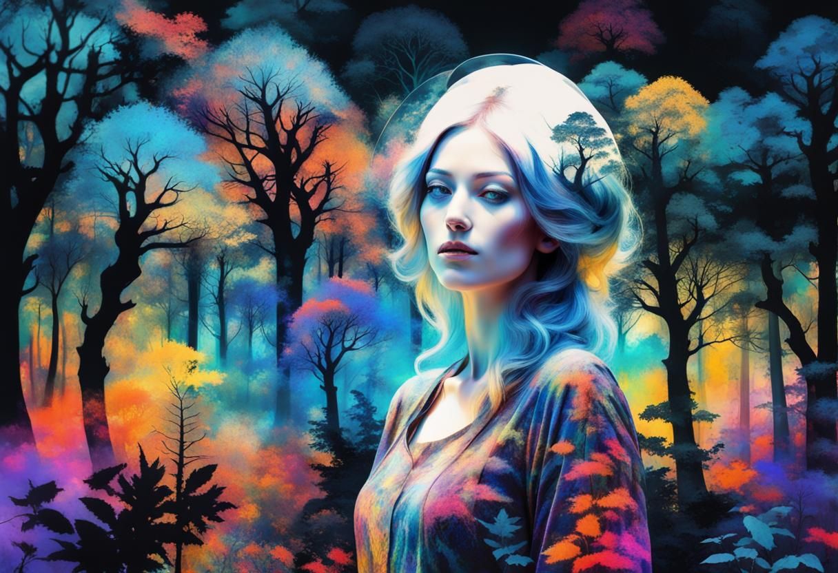 Double Exposure: Woman in Colorful Forest