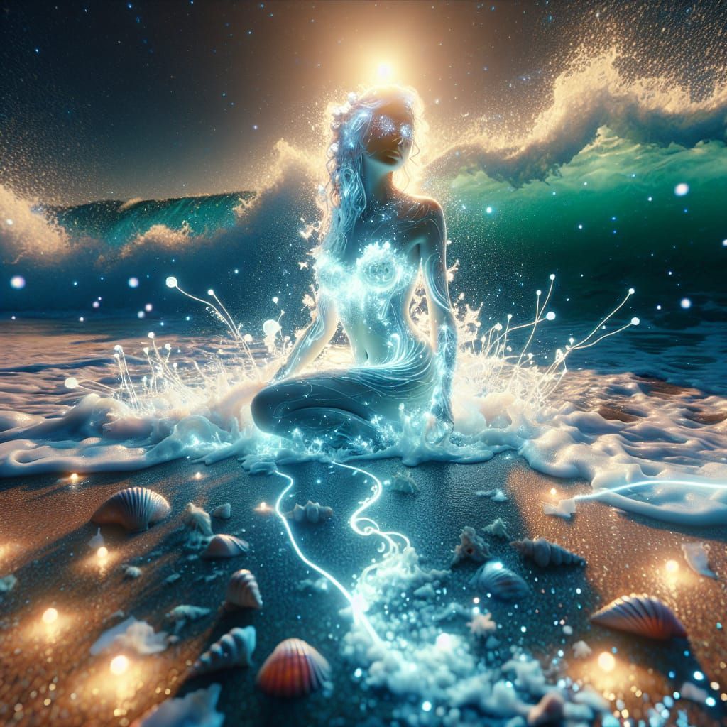 Bioluminescent Mermaid Interacting with the Sea in Hyperreal...