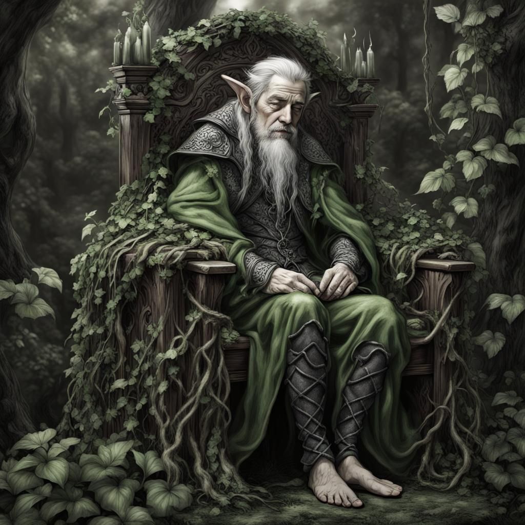 Sleeping Elf on Wooden Throne: Dark Fantasy