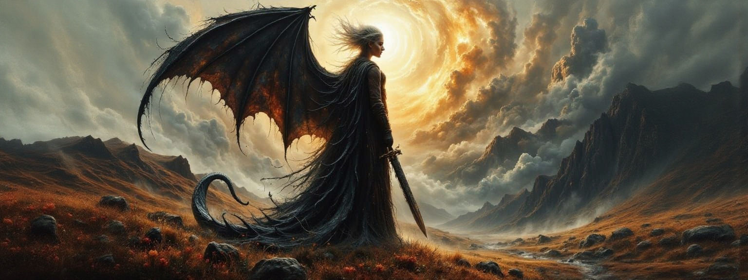 Viking Necromancer Warrior with Dragon Wings as Impasto Pain...