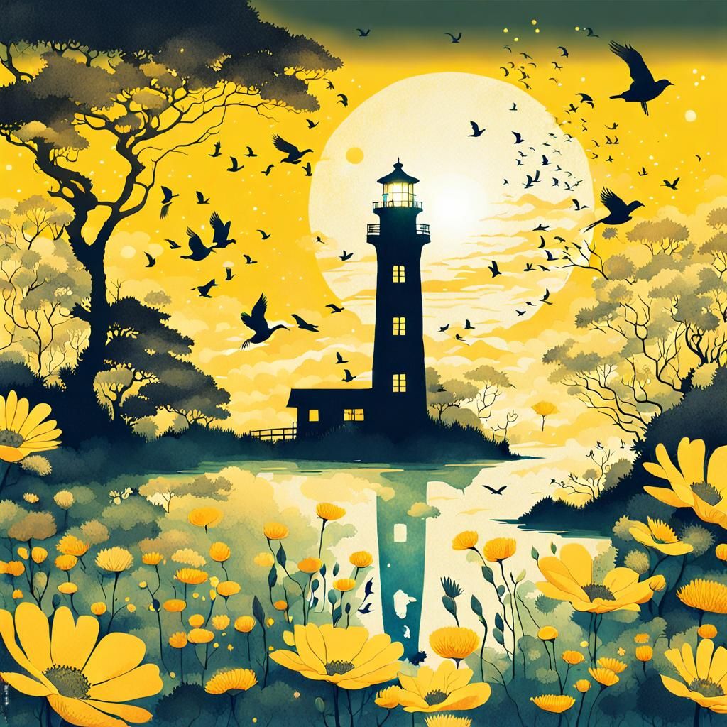 Fantasy Lighthouse Double Exposure in Surreal Ink Art