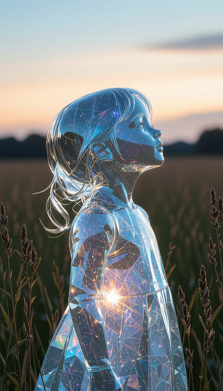 Crystal Girl Gazing at Starry Night in 3D Render