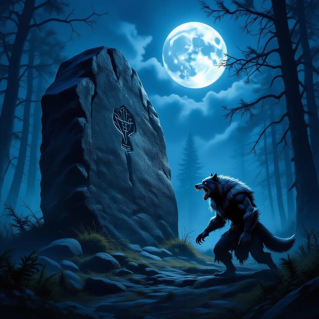 Werewolf Guardian of Mystical Dolmen Under Moon