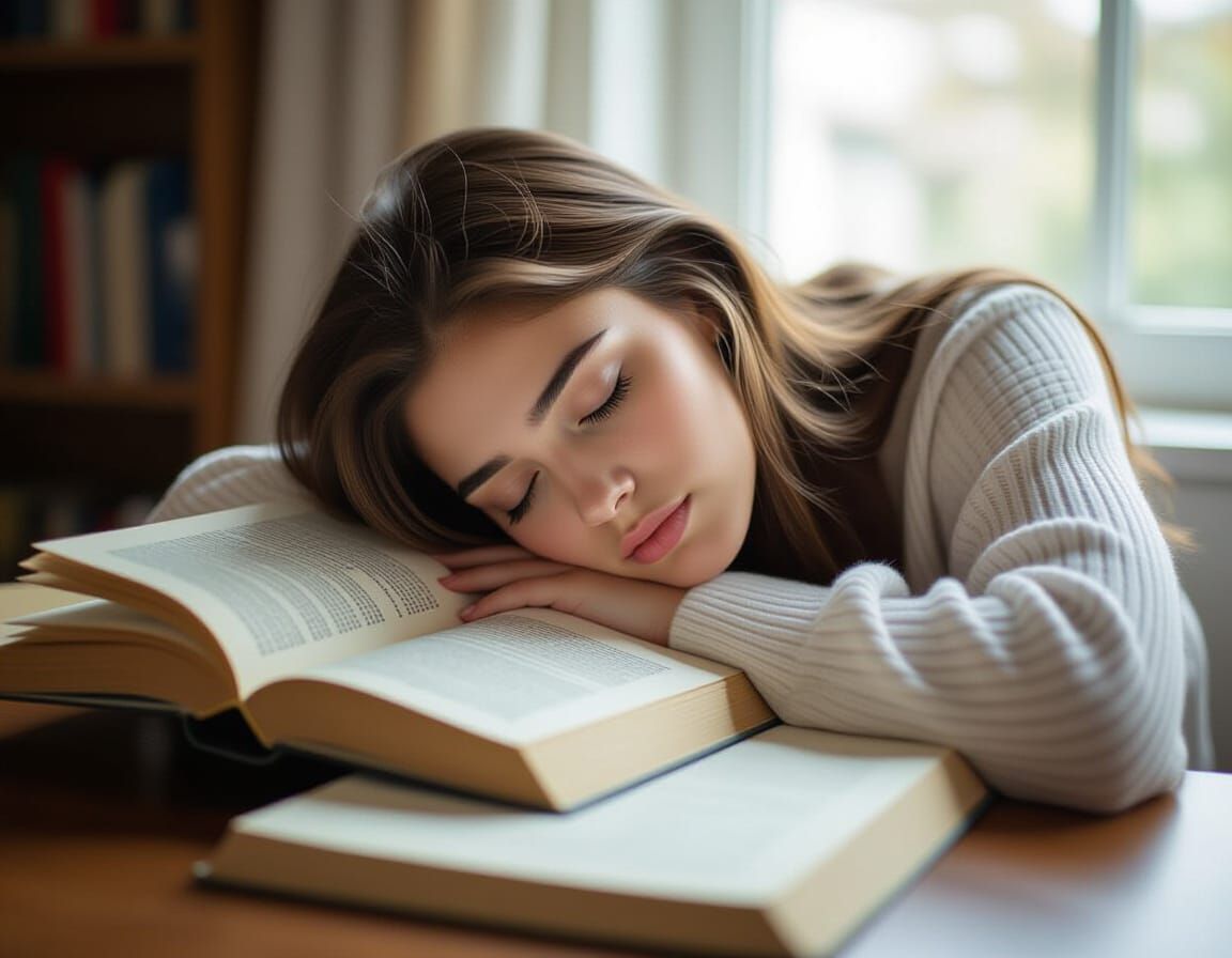 College Student Sleeping on Book, Photorealistic