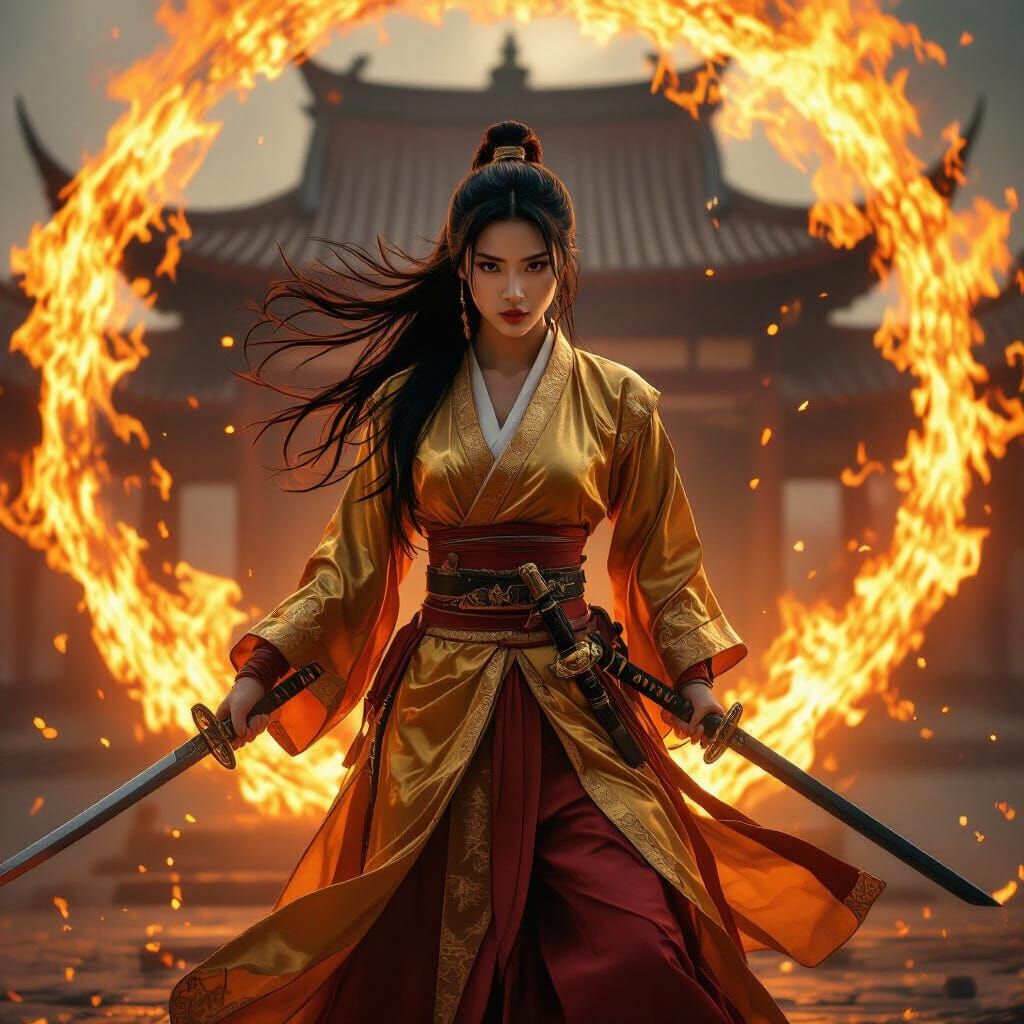 Asian Woman Warrior in Fiery Temple Scene