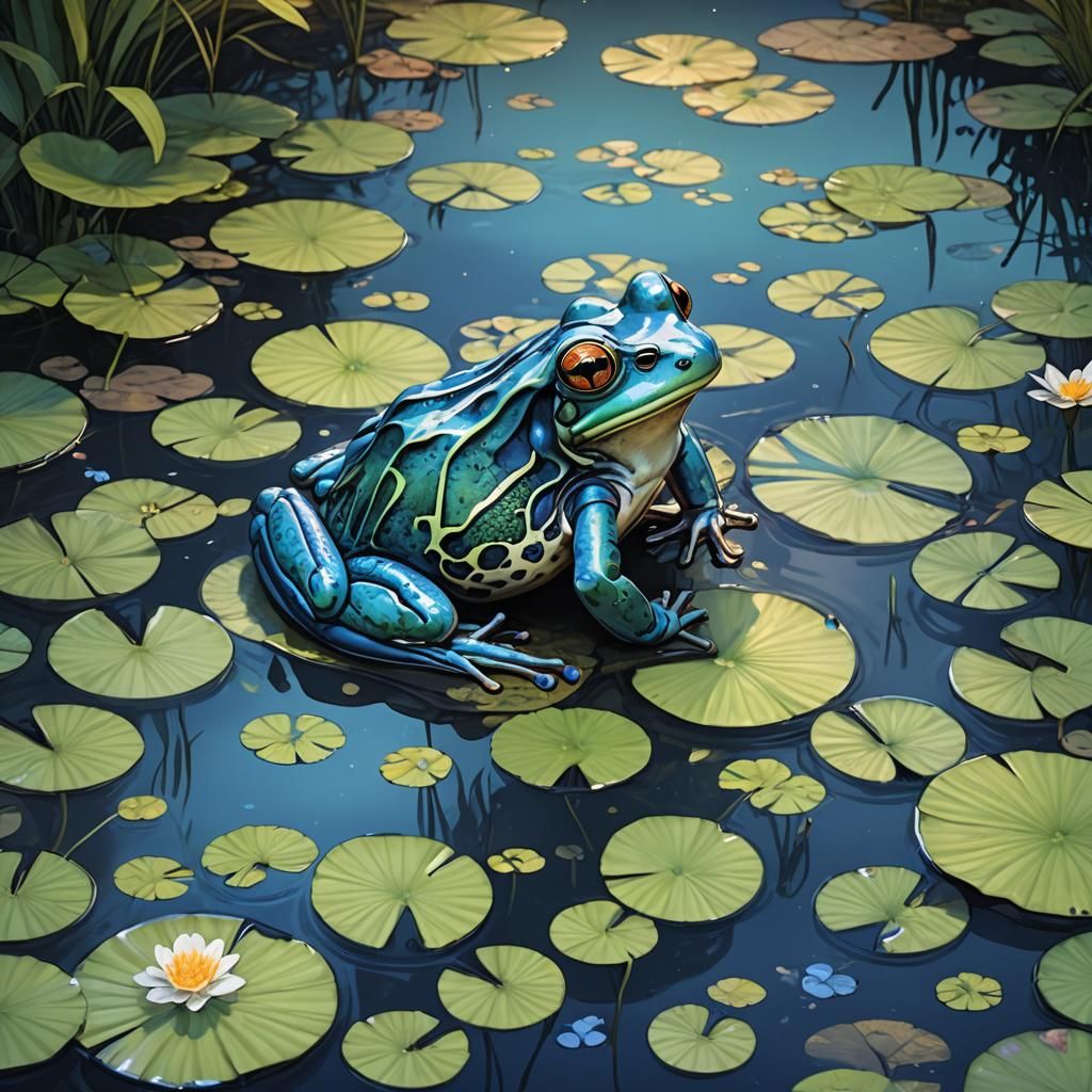 Blue Frog in Pond: Watercolor Concept Art