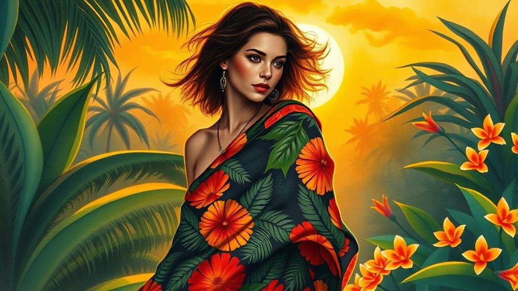 Woman in Exotic Sarong, Tropical Sunset