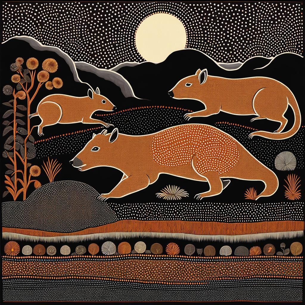 Wombat and Kangaroo in Aboriginal Dot Art Style