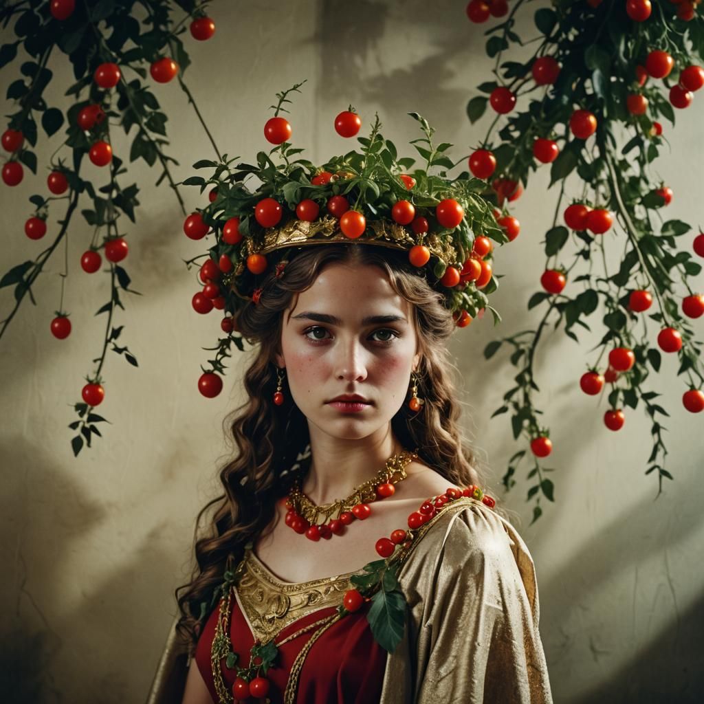 Erisichthon in Tomato Dress, Cinematic Portrait