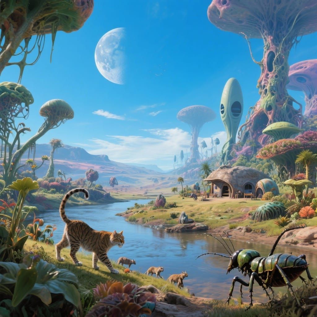 Alien Planet Landscape with River and Settlement