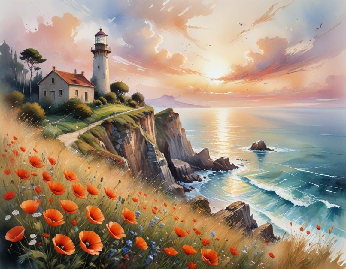 Lighthouse Over Tuscan Poppies in Golden Hour Light