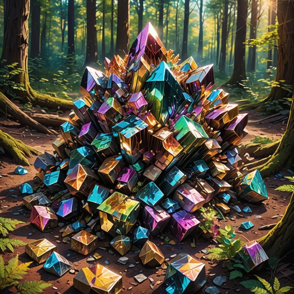 Magical Forest Clearing with Multicolored Bismuth Crystals