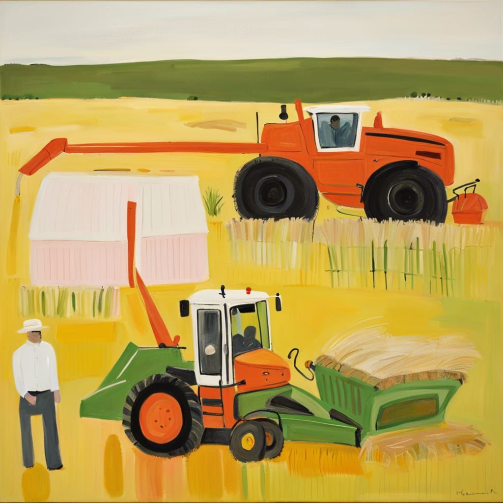 Combine Harvester Painting in Folk Art Style