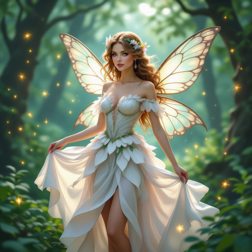 Fairy in Forest with Fireflies in Whimsical Style