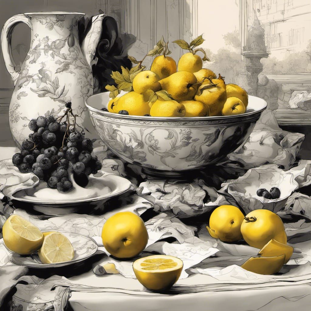 Bowl of Lemons Still Life in Digital Art Style