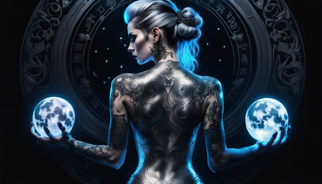 Gothic Woman Portrait with Silver Apples and Tattoos