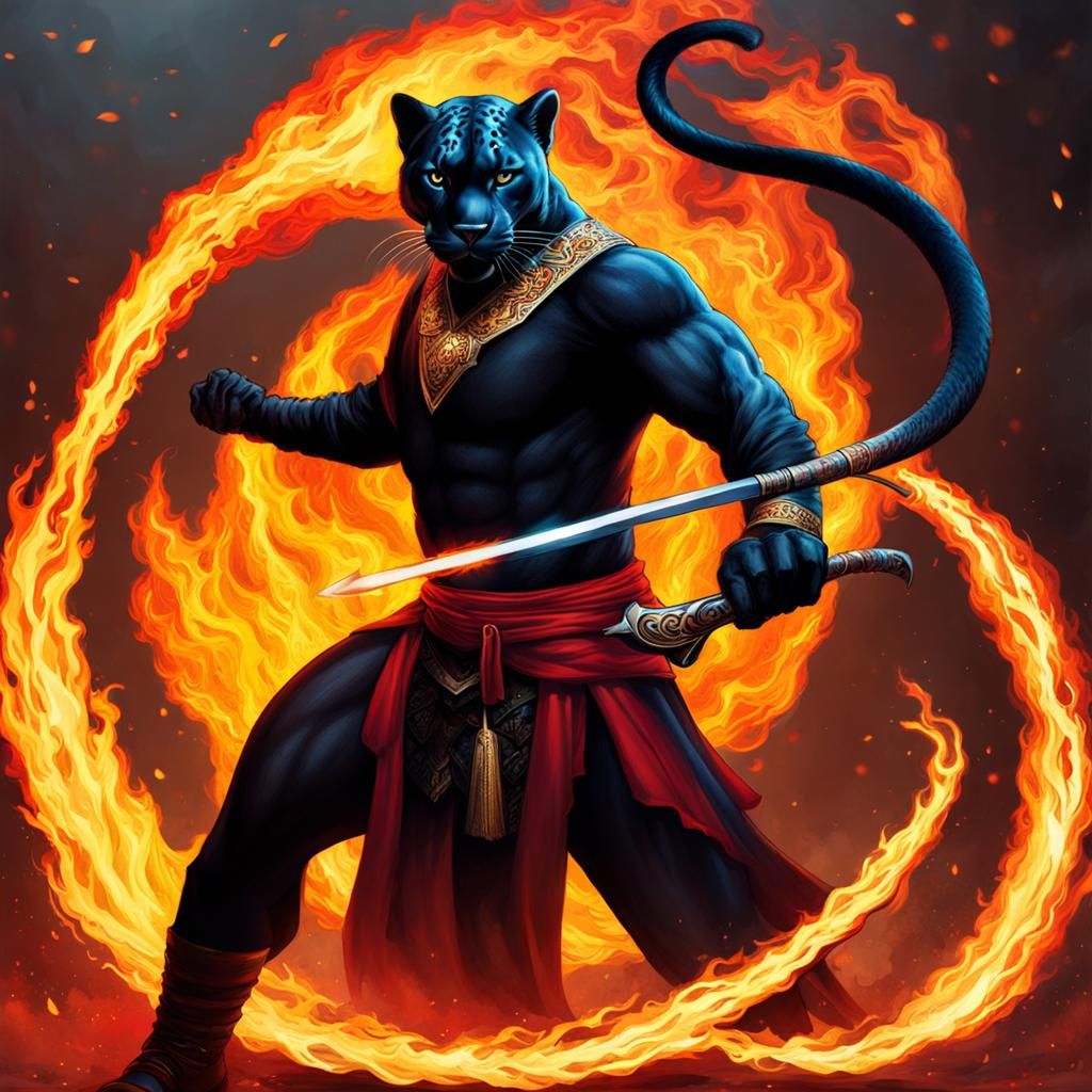 Fiery Panther-Man Hybrid Wielding Wildfire