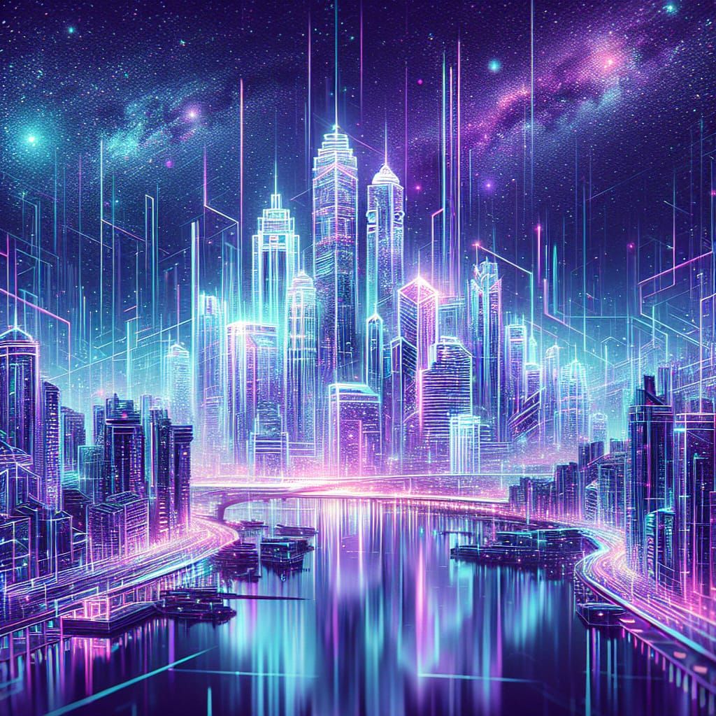 Cyberpunk Cityscape in Ultraviolet Neon Holographic Style