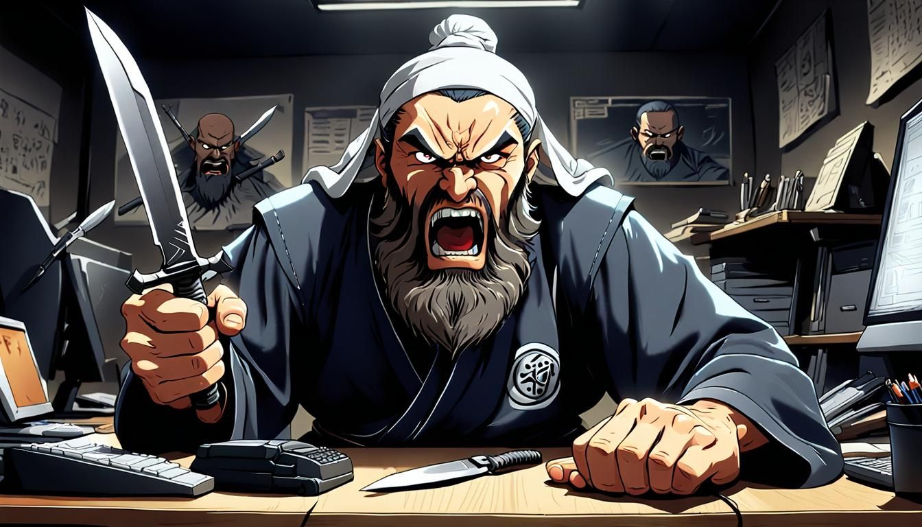 Angry Bearded Man with Knife in Anime Style
