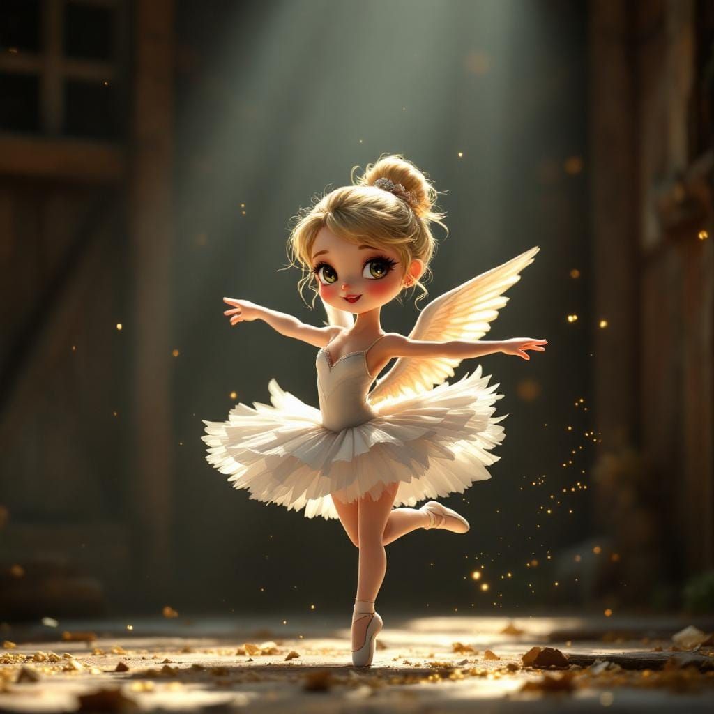 Chibi Swan Ballerina Dancing in Barn, Detailed Rendering