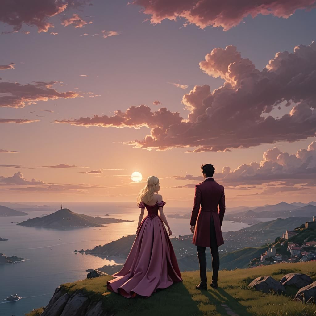 Anime Sunset: Man and Woman Watching the Ocean