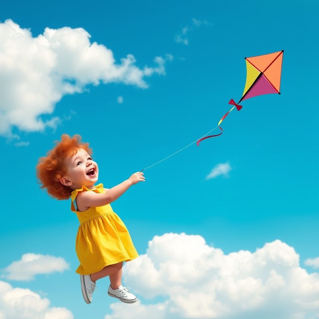 Whimsical Summer Kite Flying Scene in Vibrant Colors
