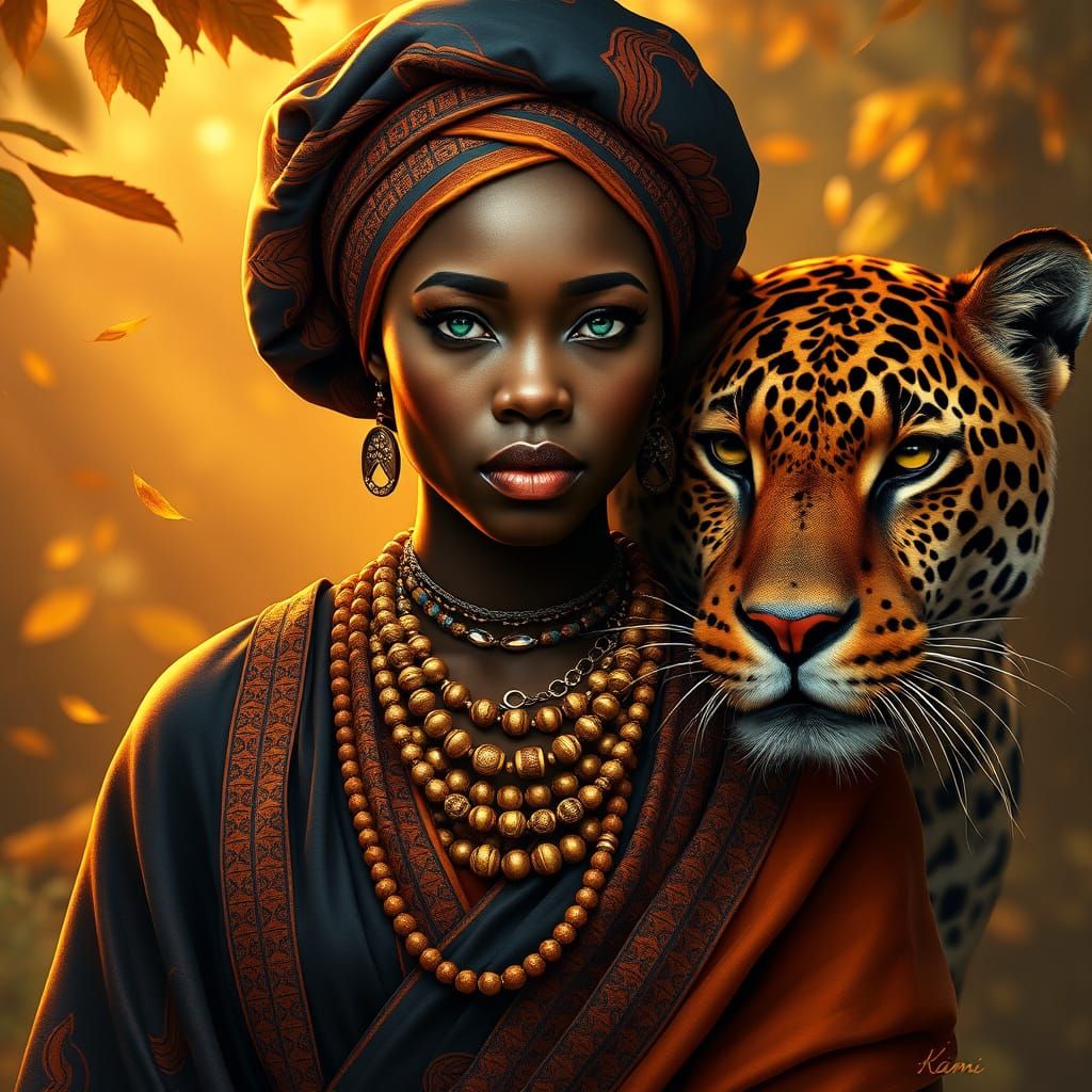 Regal African Queen in Indigo and Gold, Beside Majestic Leop...