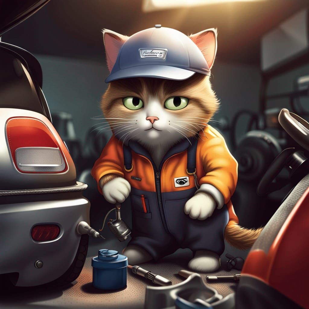 Cat Mechanic Changes Oil in Mini Cooper