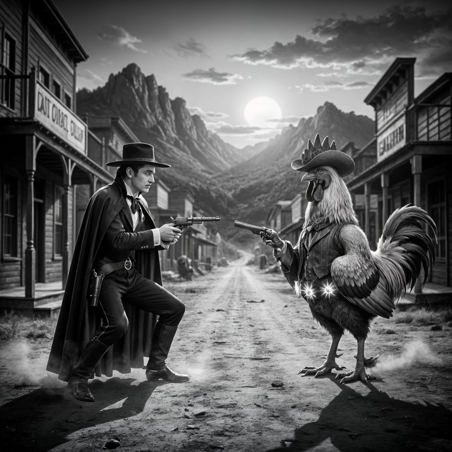 An Old West shootout between a vampire and a rooster.