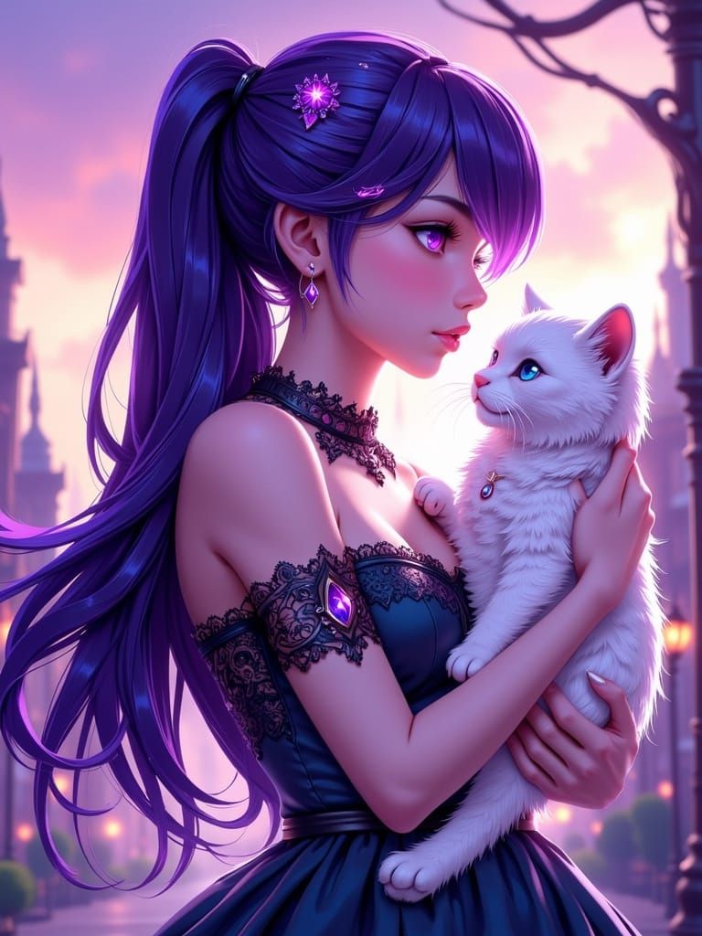 Glowing Anime Girl with Purple Hair and White Cat in Friends...