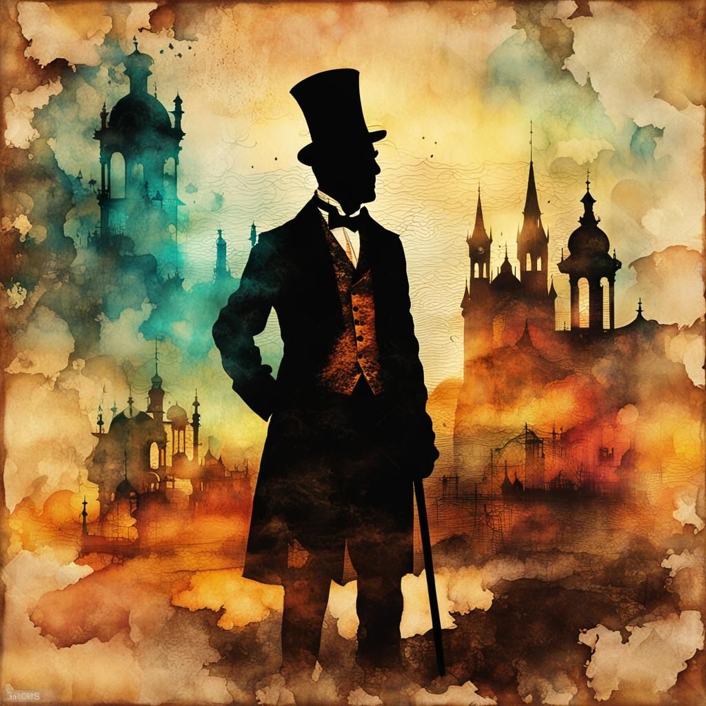 Steampunk Silhouette in Vintage Ink Painting Style