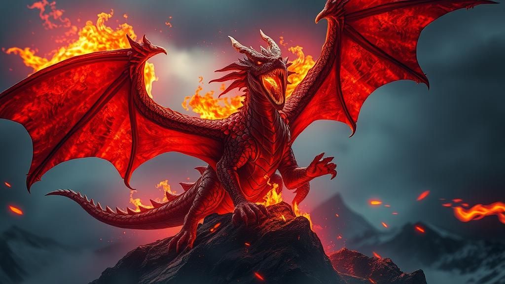 Furious Crimson Dragon Roaring on Windswept Peak