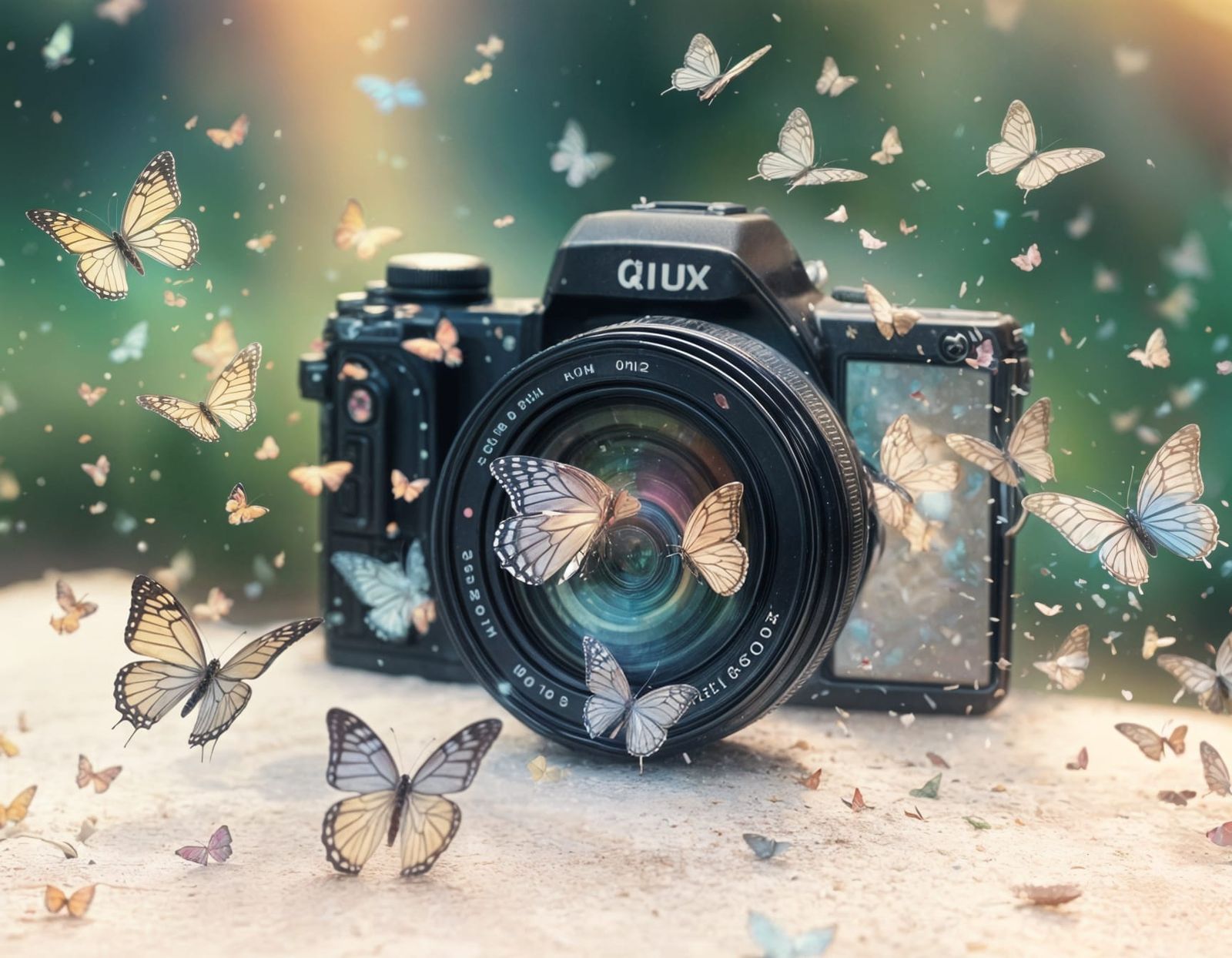Camera Surrounded by Butterflies in Flight