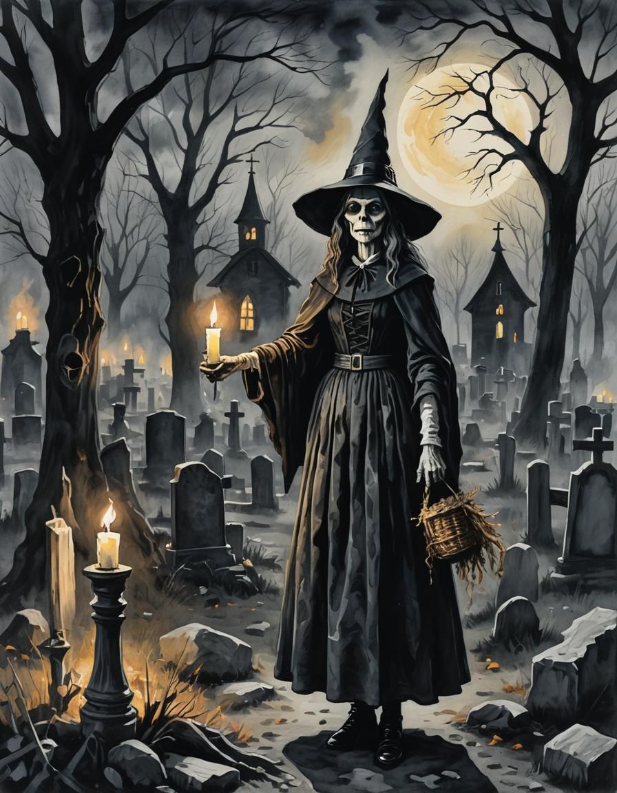 Creepy Puritan Witch in Haunted Graveyard: Gouache Style