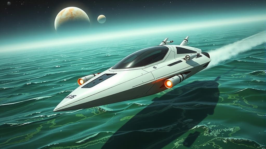 Futuristic Hover Boat in Hyperrealistic Sci-Fi Seascape