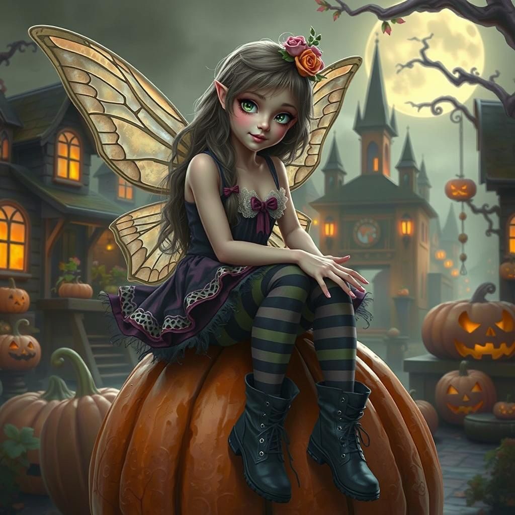 Halloween Fairy in Victorian Dress on Pumpkin