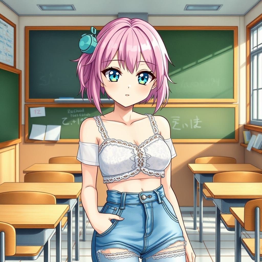 Pastel Pink Anime Girl in Vintage Japanese Classroom