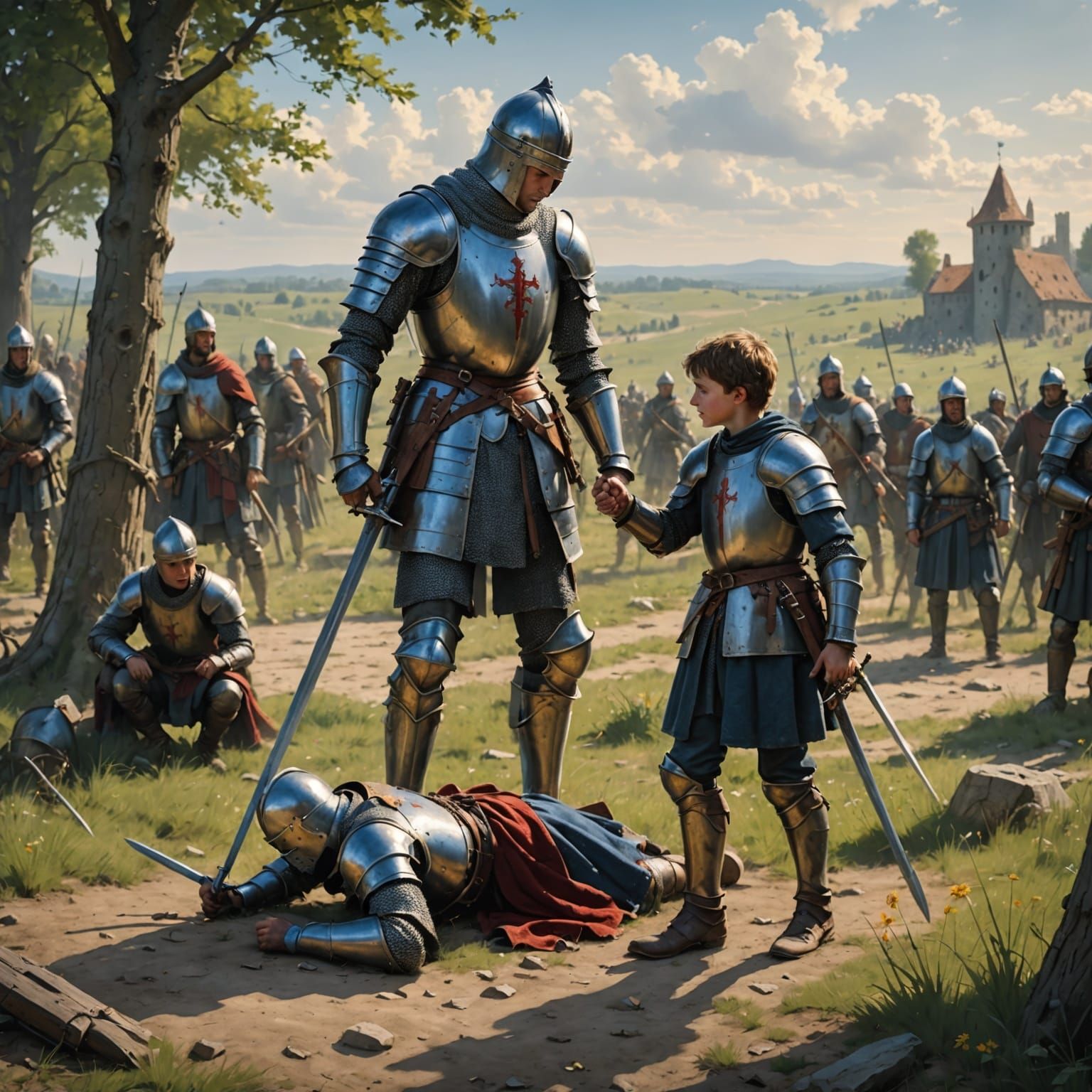 Knight Helps Boy on Battlefield