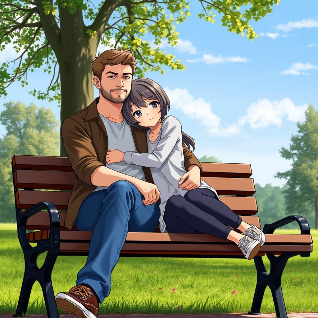 Man and Anime Girl Share a Heartwarming Moment on a Park Ben...