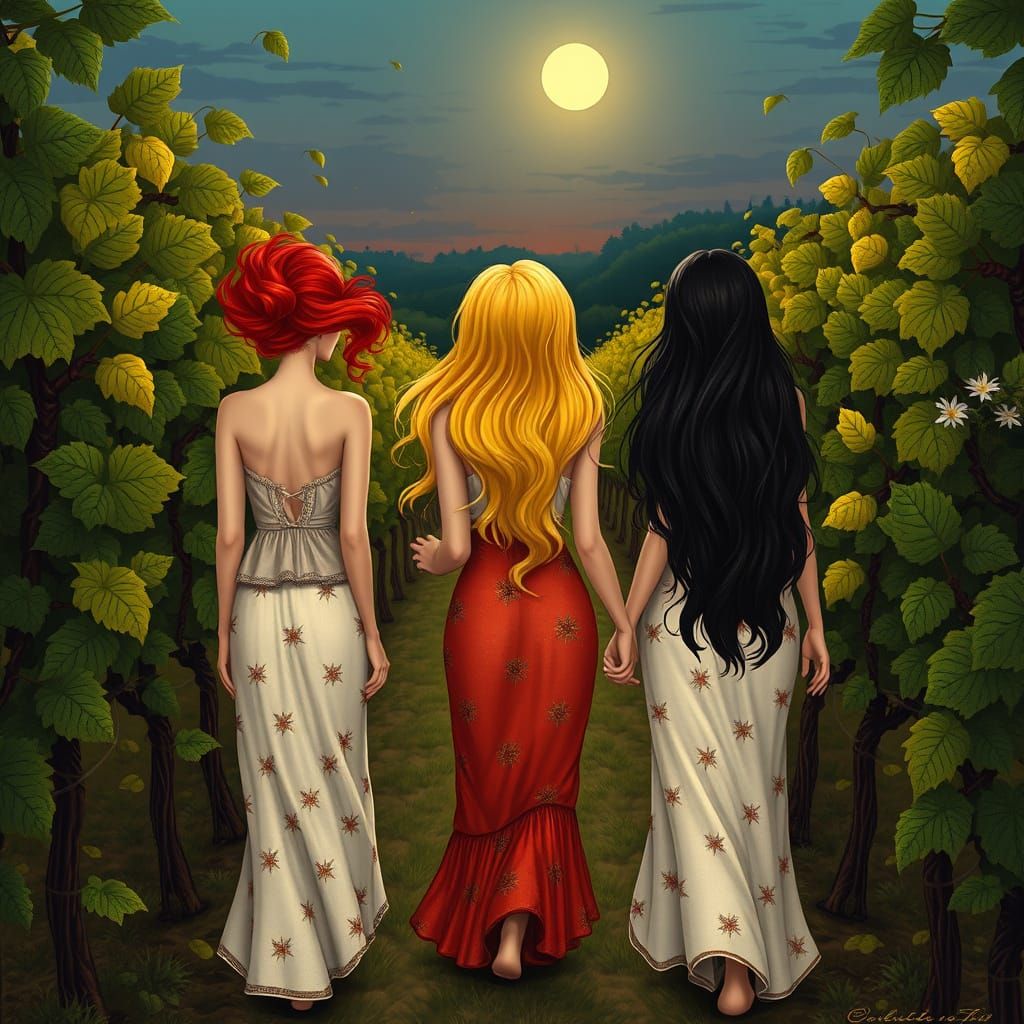 Moonlit Vineyard Walk: Art Nouveau Style