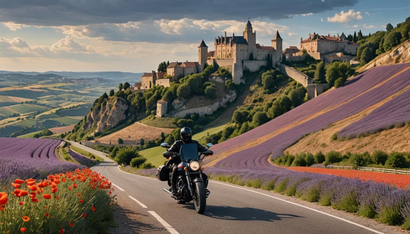Motorcyclist on Harley-Davidson Rides Through French Country...