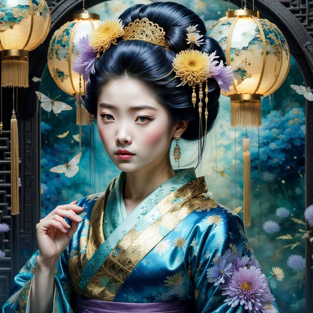 Geisha in Shattered Mirror: Intricate Lace Art