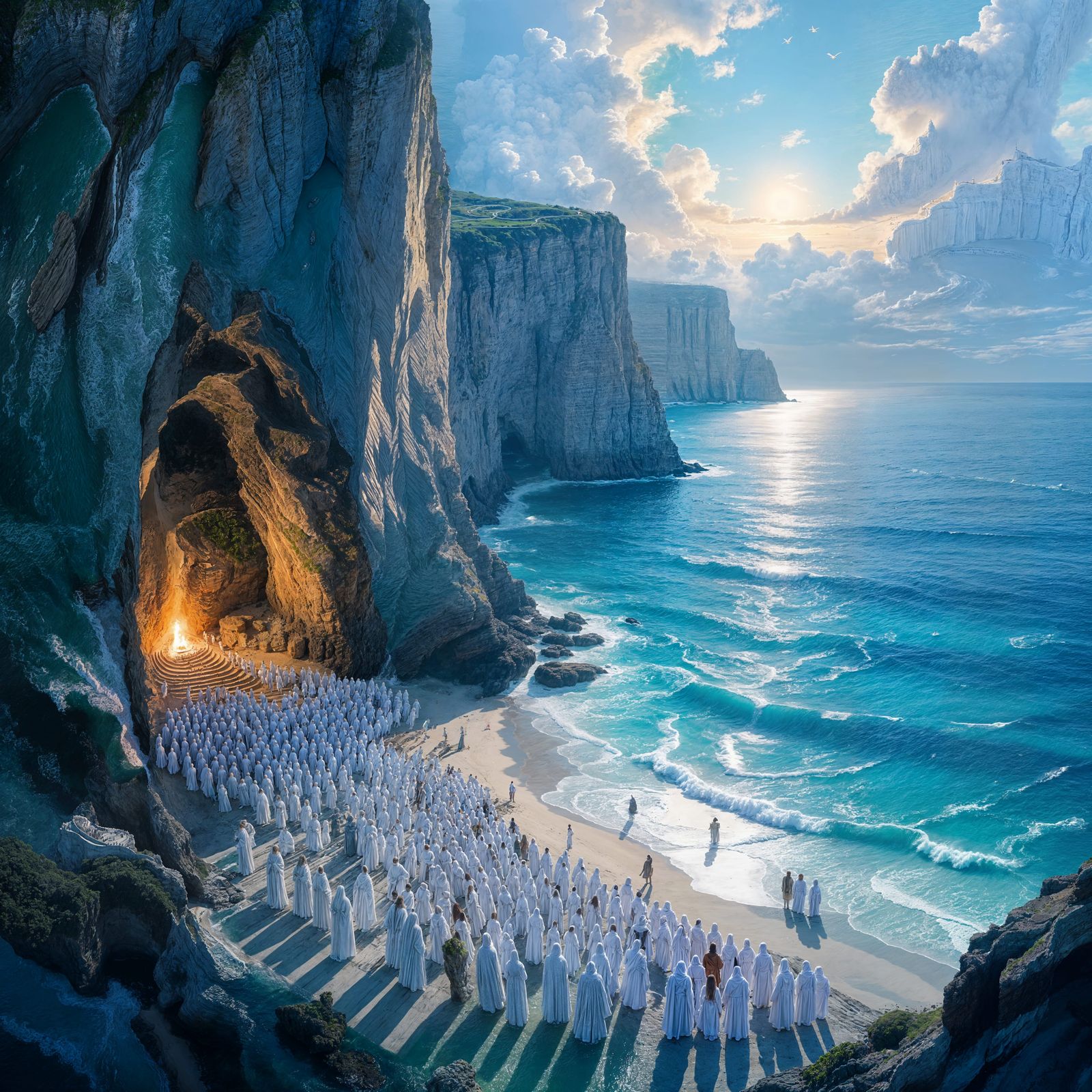 Holy Figures Gather on Beach by Sacred Cave Fire