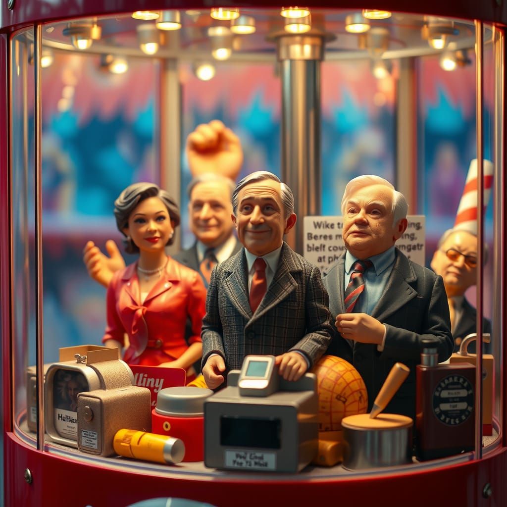 Politicians in Claw Machine, Hyperrealistic Carnival Scene