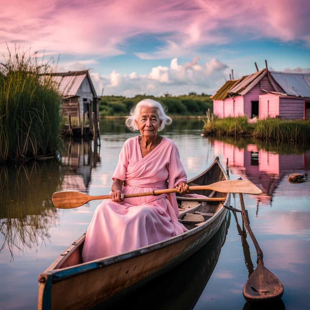 Old woman sitting in her canoe.