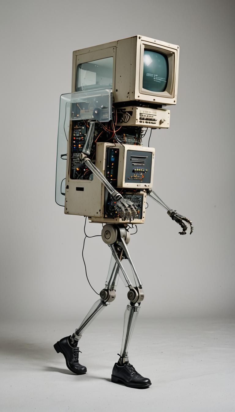 Walking Vintage Computer on Transparent Background