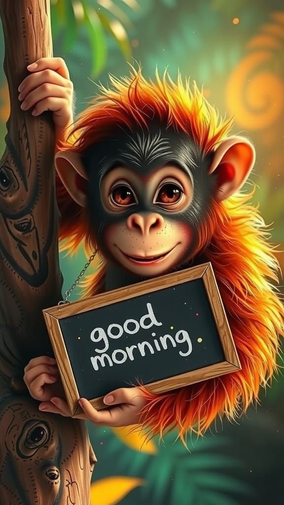 Charming Baby Orangutan Greets Morning in Hyperrealistic Det...